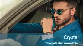  Presentation with car picture - Slides featuring model - smart casual man with sunglasses background and a ocean colored foreground