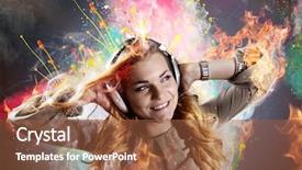  Presentation with music teal color - Slide deck with model explosion - young girl listens to music background and a tawny brown colored foreground