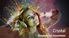 Presentation with music teal color - Amazing PPT theme having model explosion - young girl listens to music backdrop and a tawny brown colored foreground