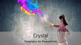  Presentation with headphones - Slide deck consisting of model explosion - young pretty woman in casual background and a light gray colored foreground