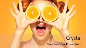  Presentation with girl model - Presentation theme enhanced with model girl takes juicy orange background and a yellow colored foreground