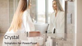  Presentation with beautiful young woman getting face - Presentation design with model hotel - beautiful blonde woman getting ready background and a soft green colored foreground