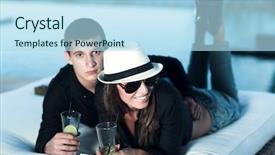  Presentation with plastic in the sea - Colorful PPT theme enhanced with model hotel - young couple sea backdrop and a light blue colored foreground