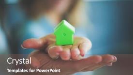  Presentation with new home - Presentation consisting of model house in hand of a couple standing in new home model house background and a violet colored foreground