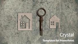  Presentation with home loan - Colorful presentation design enhanced with model of cardboard house with key on old textured paper background house building loan real estate or buying a new home concept backdrop and a gray colored foreground