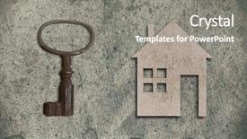  Presentation with home loan - Amazing presentation design having model of cardboard house with key on old textured paper background house building loan real estate or buying a new home concept backdrop and a gray colored foreground