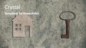  Presentation with home loan - Presentation theme consisting of model of cardboard house with key on old textured paper background house building loan real estate or buying a new home concept background and a gray colored foreground