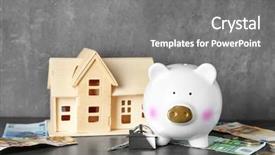  Presentation with piggy bank - Presentation design enhanced with model of house and key background and a gray colored foreground