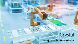  Presentation with robot arm - Audience pleasing theme consisting of model-of-robotic-and-automation backdrop and a light blue colored foreground