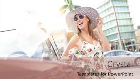  Presentation with old car - Slide deck consisting of model-posing-by-old-fashioned background and a coral colored foreground