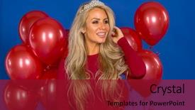  Presentation with balloons - Cool new PPT layouts with model posing in a tiara backdrop and a  colored foreground