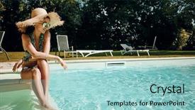  Presentation with swimming pool - Cool new PPT theme with model posing next to swimming backdrop and a light blue colored foreground