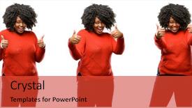  Presentation with plus size fashion model - PPT theme featuring model smiling broadly showing thumbs background and a  colored foreground