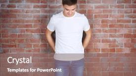  Presentation with white brick wall - Colorful slides enhanced with model t - handsome young man in blank backdrop and a  colored foreground