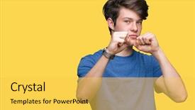  Presentation with few thread bobbin isolated - Presentation theme consisting of model vianlence - young handsome man wearing blue background and a yellow colored foreground