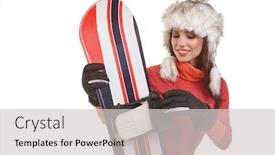 Presentation with snowboard - PPT theme consisting of model wearing snowboard suit holding a snowboard in studio background and a light gray colored foreground