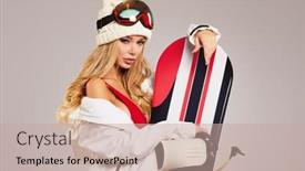  Presentation with snowboard - PPT theme consisting of model wearing snowboard suit holding a snowboard in studio background and a coral colored foreground