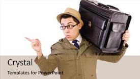  Presentation with scroll paper isolated on white - Slide set consisting of modeling eyes googles - young man with briefcase isolated background and a  colored foreground