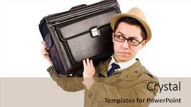  Presentation with old wite man and his music - Amazing presentation theme having modeling eyes googles - young man with briefcase isolated backdrop and a  colored foreground