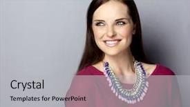  Presentation with long hair - PPT layouts having moder jewellery - portrait of a smiling young background and a light gray colored foreground