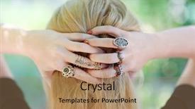  Presentation with hair corporate female - Audience pleasing theme consisting of moder jewellery - woman setting hair beautiful rings backdrop and a coral colored foreground