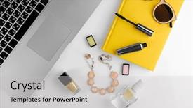  Presentation with black women workplace - Cool new PPT layouts with moder jewellery - workplace with laptop and women backdrop and a light gray colored foreground