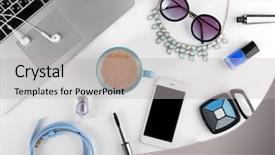  Presentation with workplace - Amazing slide set having moder jewellery - workplace with laptop and women backdrop and a light gray colored foreground