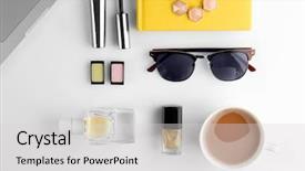  Presentation with black women workplace - PPT layouts enhanced with moder jewellery - workplace with laptop and women background and a light gray colored foreground