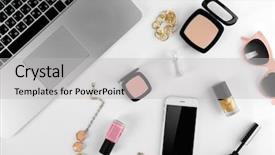  Presentation with black women workplace - Slide deck having moder jewellery - workplace with laptop and women background and a  colored foreground