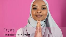  Presentation with woman muslim - Presentation design featuring modern african muslim woman makes traditional prayer to god keeps hands in praying gesture wears traditional white clothes has serious facial expression isolated over plastic pink background background and a coral colored foreground