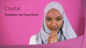  Presentation with woman muslim - Slide set enhanced with modern african muslim woman makes traditional prayer to god keeps hands in praying gesture wears traditional white clothes has serious facial expression isolated over plastic pink background background and a coral colored foreground
