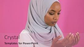  Presentation with woman muslim - Slide set consisting of modern african muslim woman makes traditional prayer to god keeps hands in praying gesture wears traditional white clothes has serious facial expression isolated over plastic pink background background and a coral colored foreground