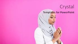  Presentation with praying hands - Amazing PPT theme having modern-african-muslim-woman-makes backdrop and a lilac colored foreground