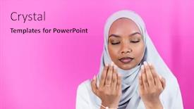  Presentation with praying hands - Slide deck with modern-african-muslim-woman-makes background and a lilac colored foreground