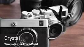  Presentation with cameras - PPT layouts having modern and retro cameras on wooden background background and a dark gray colored foreground