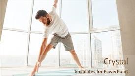  Presentation with home - PPT theme consisting of modern apartment - bearded man warming up background and a  colored foreground