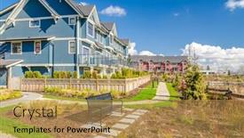  Presentation with modern flowers - Audience pleasing theme consisting of modern-apartment-buildings-with-flowers backdrop and a yellow colored foreground