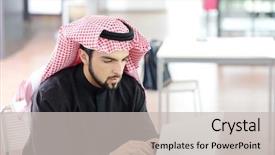  Presentation with modern reflective office buildings - Colorful PPT layouts enhanced with modern arabic businessman on office backdrop and a light gray colored foreground