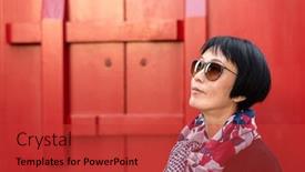  Presentation with modern chinese - Beautiful PPT layouts featuring modern-asian-woman-portrait-against backdrop and a red colored foreground