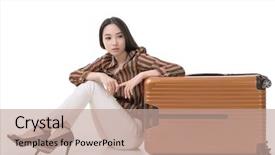  Presentation with luggage - PPT layouts with modern asian woman sit on ground with a luggage full length portrait on white background background and a coral colored foreground