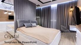  Presentation with bedroom modern - Slide deck enhanced with modern-bedroom-with-comfortable-bed background and a soft green colored foreground