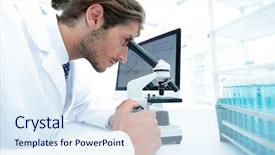  Presentation with laboratory - Theme consisting of modern biotechnology - young laboratory scientist looking background and a sky blue colored foreground