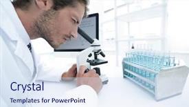  Presentation with biotechnology laboratory - Slide deck with modern biotechnology - young laboratory scientist looking background and a sky blue colored foreground