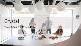  Presentation with meeting - PPT theme enhanced with modern boardroom over working lunch background and a light gray colored foreground