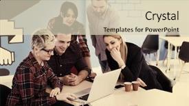  Presentation with team meeting - Colorful presentation theme enhanced with modern bright office interior brainstorming backdrop and a soft green colored foreground