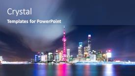  Presentation with cbd - PPT theme enhanced with modern buildings near river in shanghai lvjiazui cbd in cloud sky at night background and a ocean colored foreground