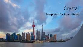  Presentation with cbd - Presentation design featuring modern buildings near river in shanghai lvjiazui cbd in cloud sky at twilight background and a light blue colored foreground
