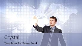  Presentation with navigating - Beautiful slide deck featuring businessman navigating virtual world map backdrop and a light blue colored foreground