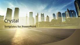  Presentation with financial center - Colorful theme enhanced with urban roads - road in shanghai lujiazui financial backdrop and a soft green colored foreground