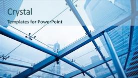  Presentation with financial center - PPT theme featuring office tower - view through the window skyscrapers background and a sky blue colored foreground